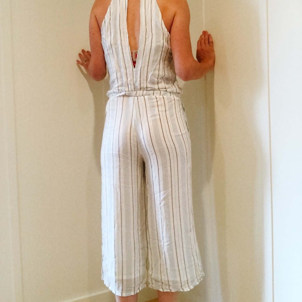 White and blue cropped halter jumpsuit